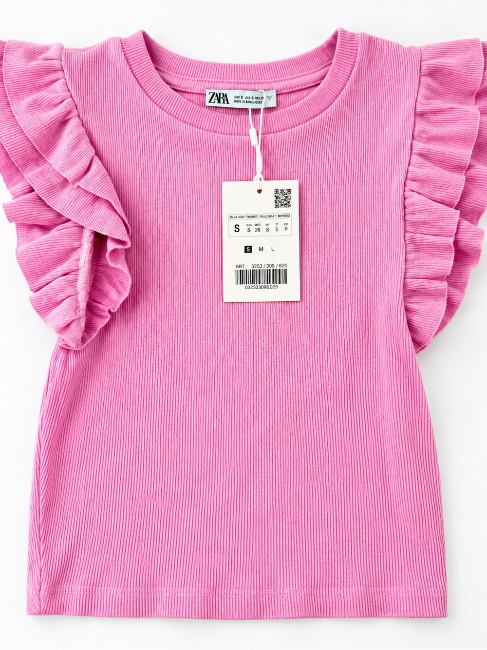 Zara Girls Pink Ribbed Ruffle Sleeve Top Small NWT